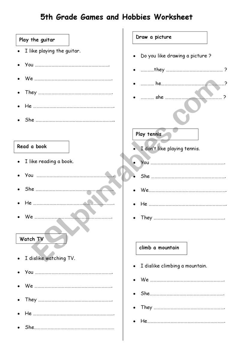 Grammar for games and hobbies worksheet