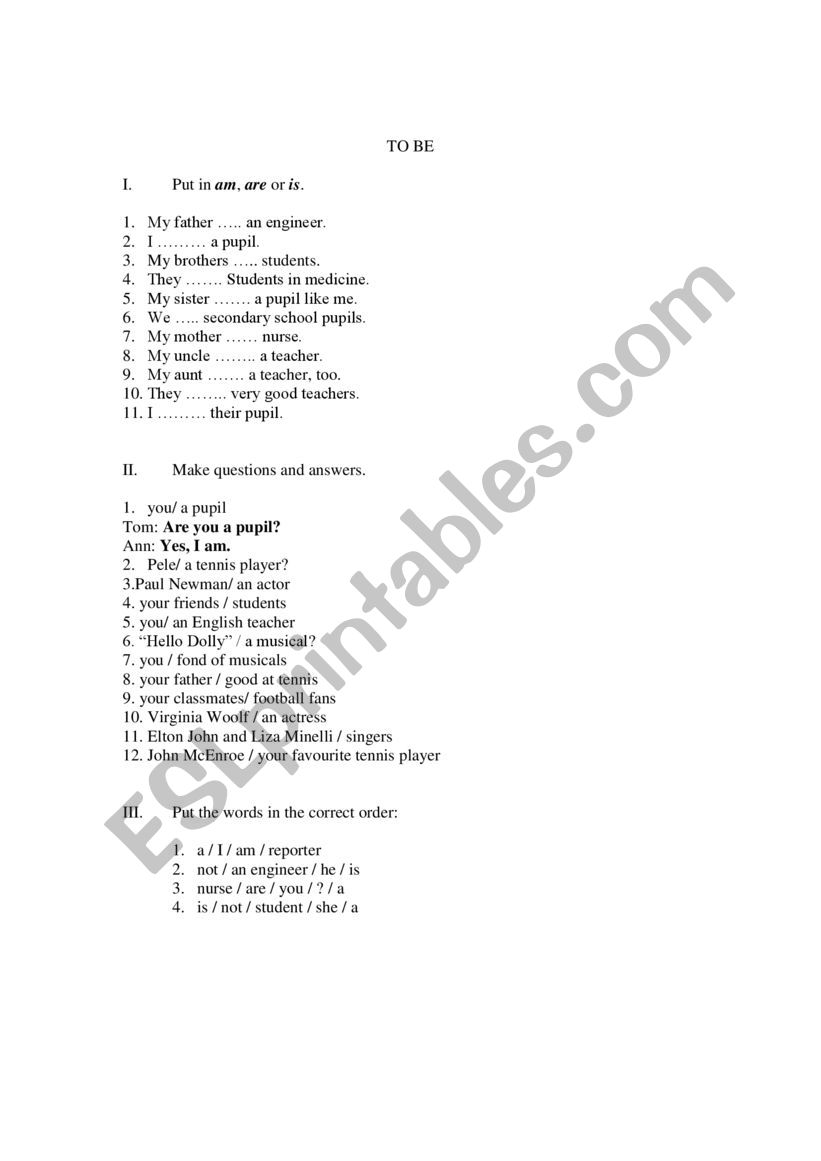 Present Simple of To Be worksheet