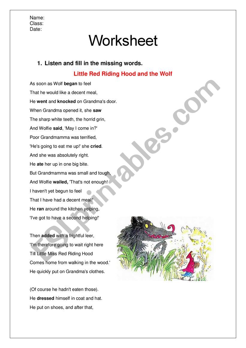 Little red riding hood worksheet