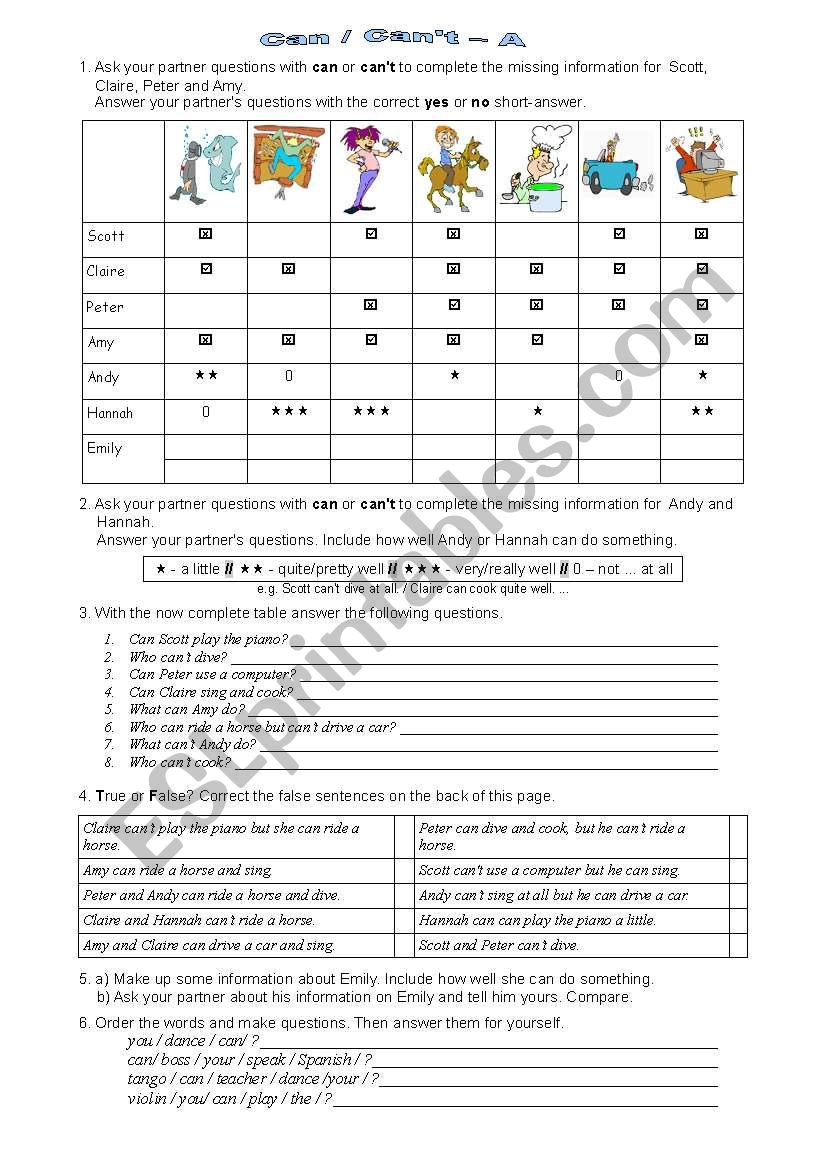 Can / Cant worksheet