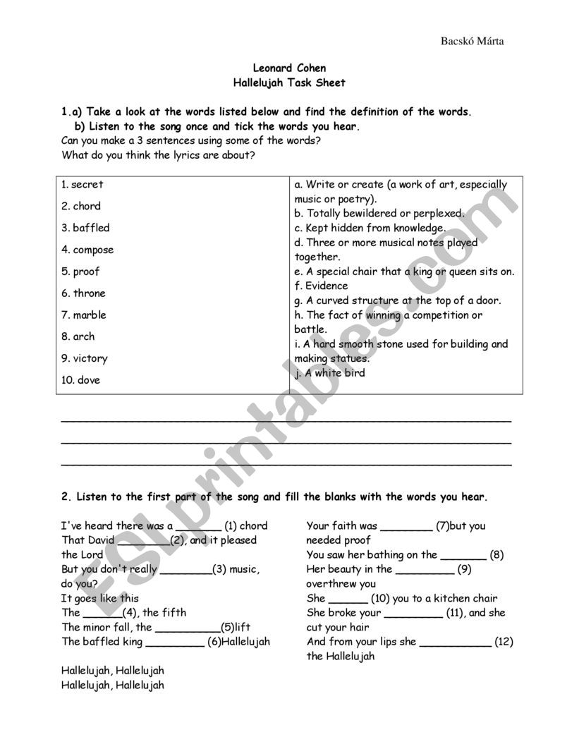 Leonard Cohen Hallelujah Task Sheet