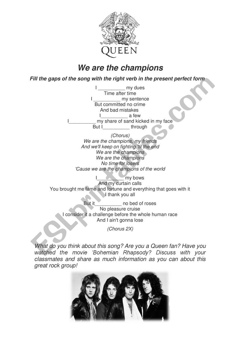 Queen - We are the Champions worksheet