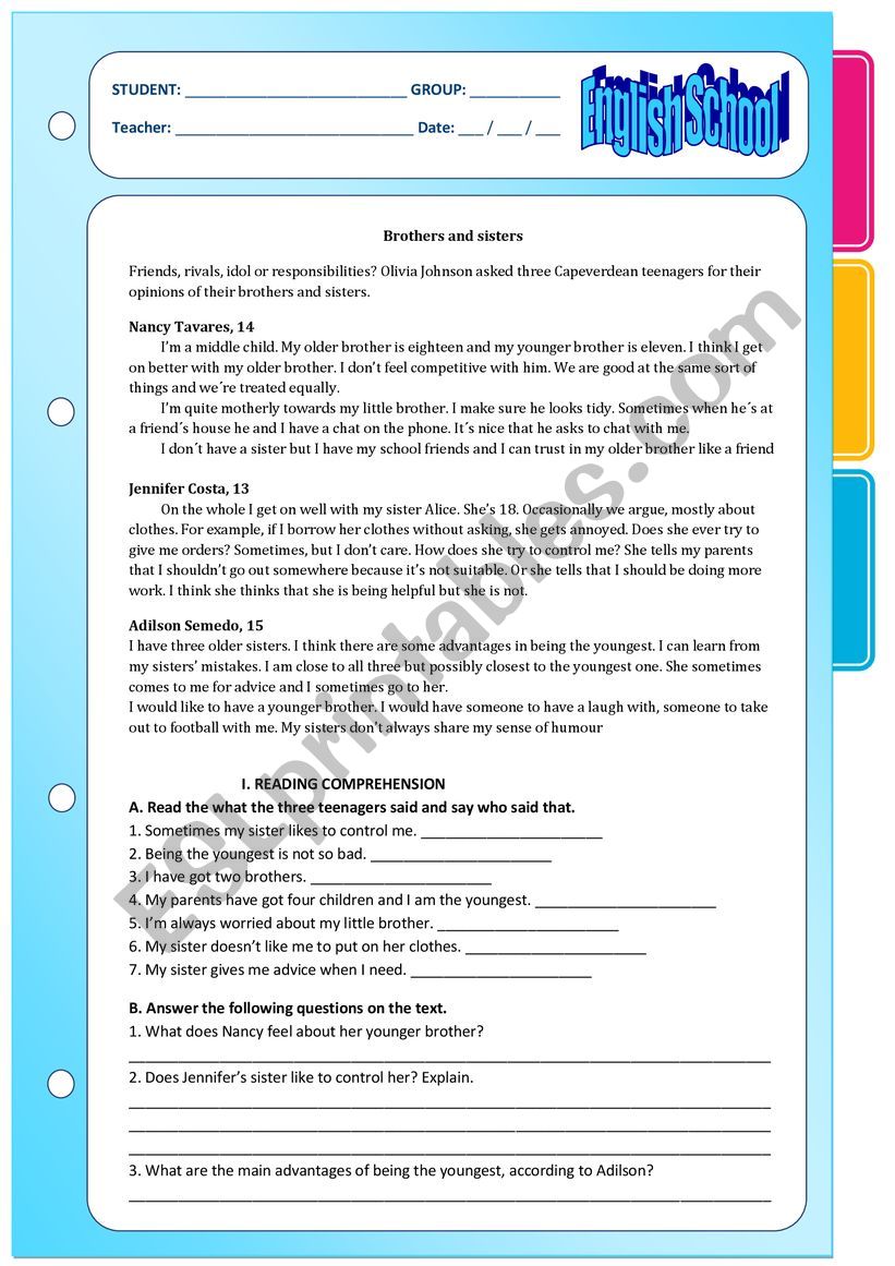 Brothers and sisters worksheet