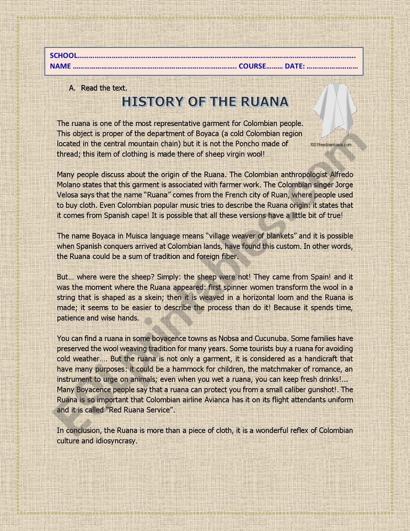 THE HISTORY OF THE RUANA worksheet