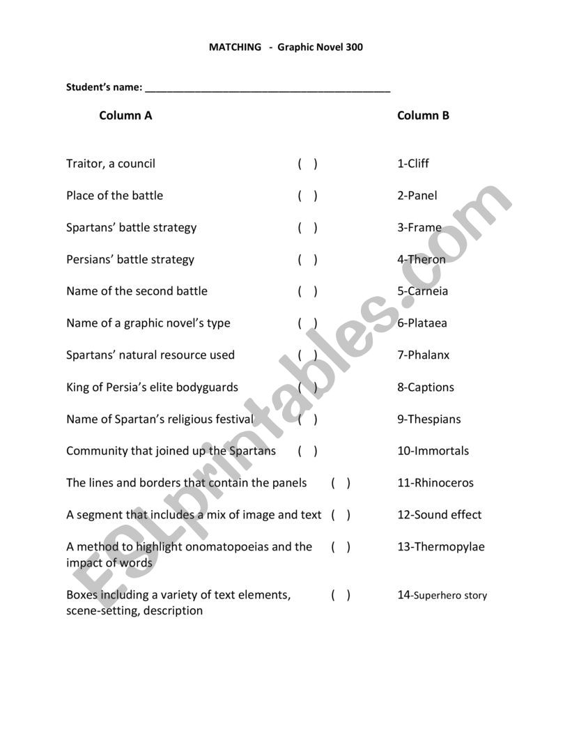 Matching - Graphic Novel 300 worksheet