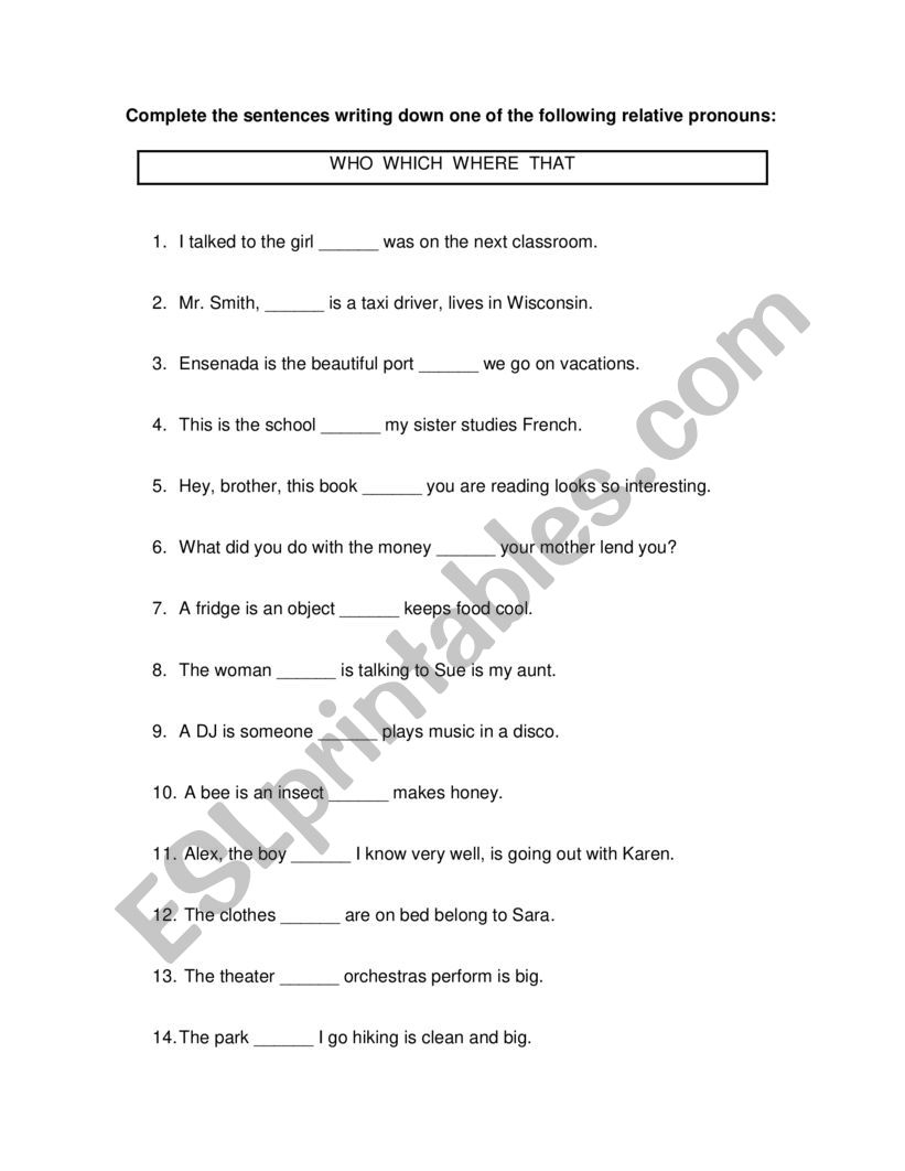 Relative Pronouns worksheet