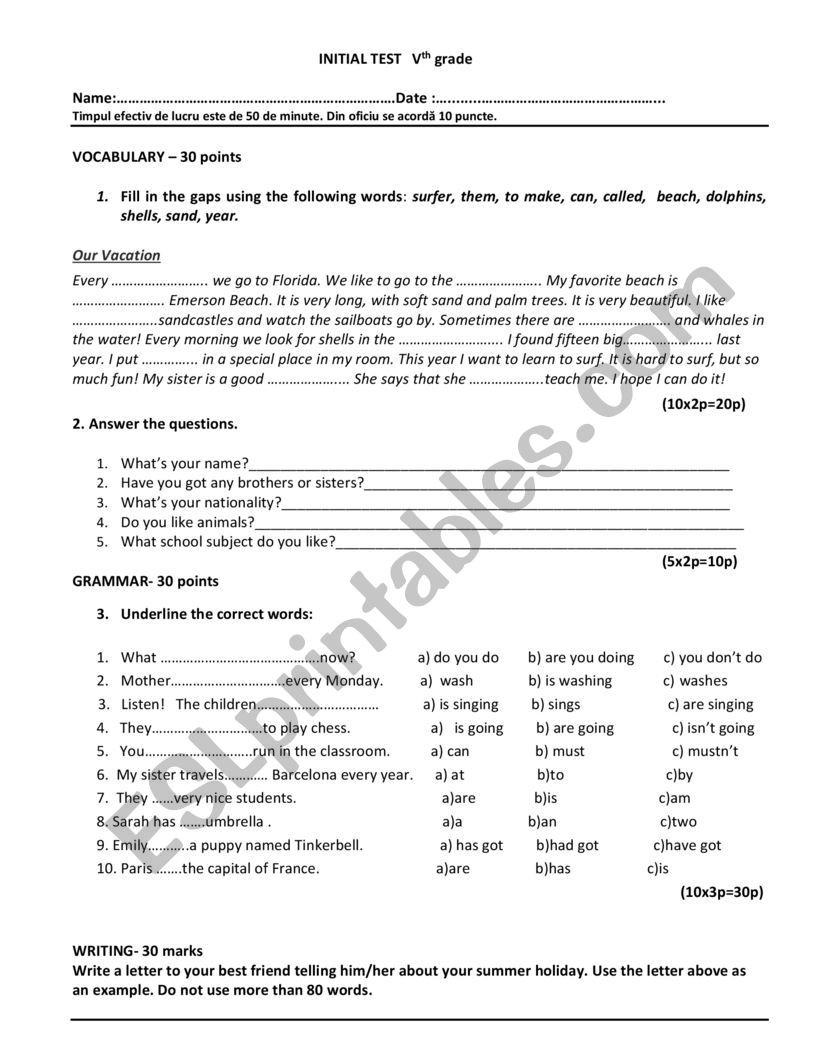 Initial test for VI th form worksheet