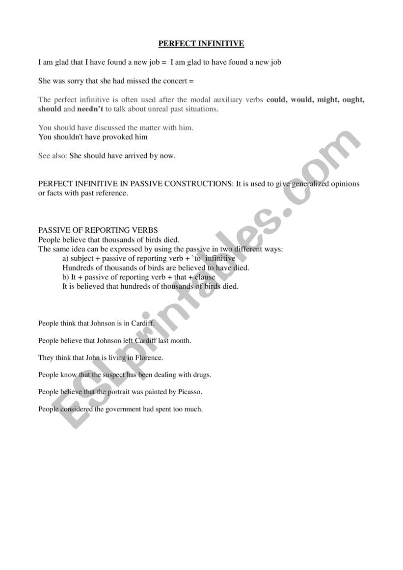 Perfect Infinitive - passive worksheet