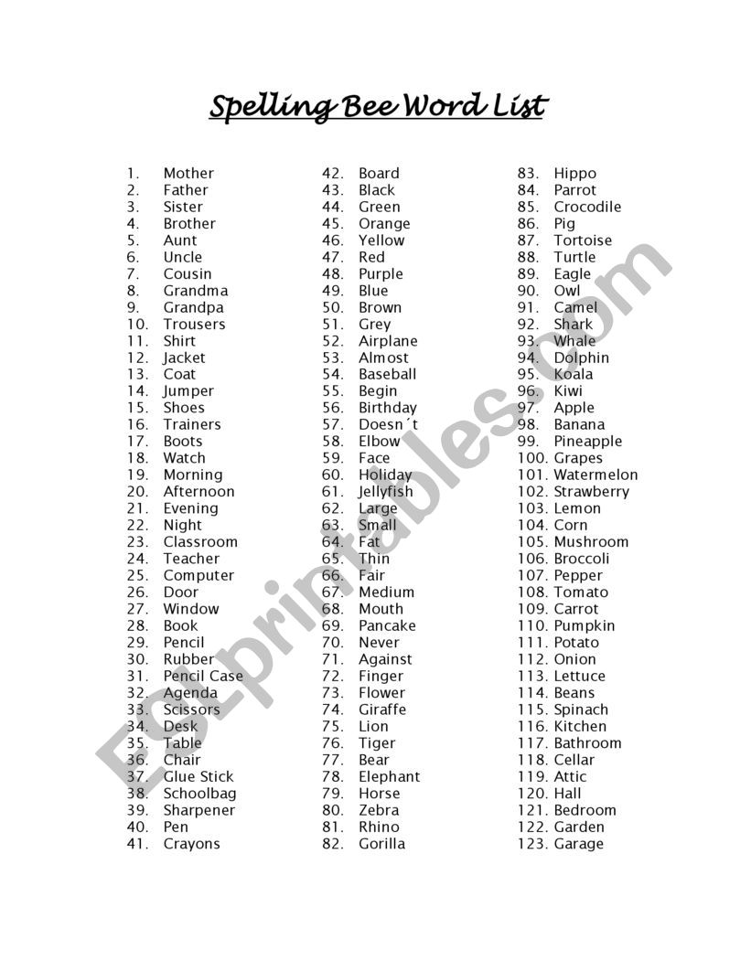 Spelling Bee Word List worksheet