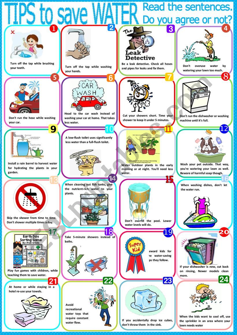 TIPS to SAVE WATER. PIctionary.