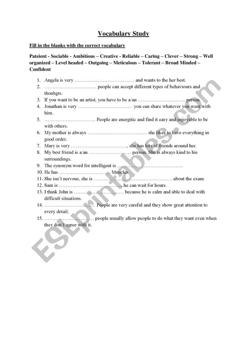 Vocabulary Exercise about personality adjectives