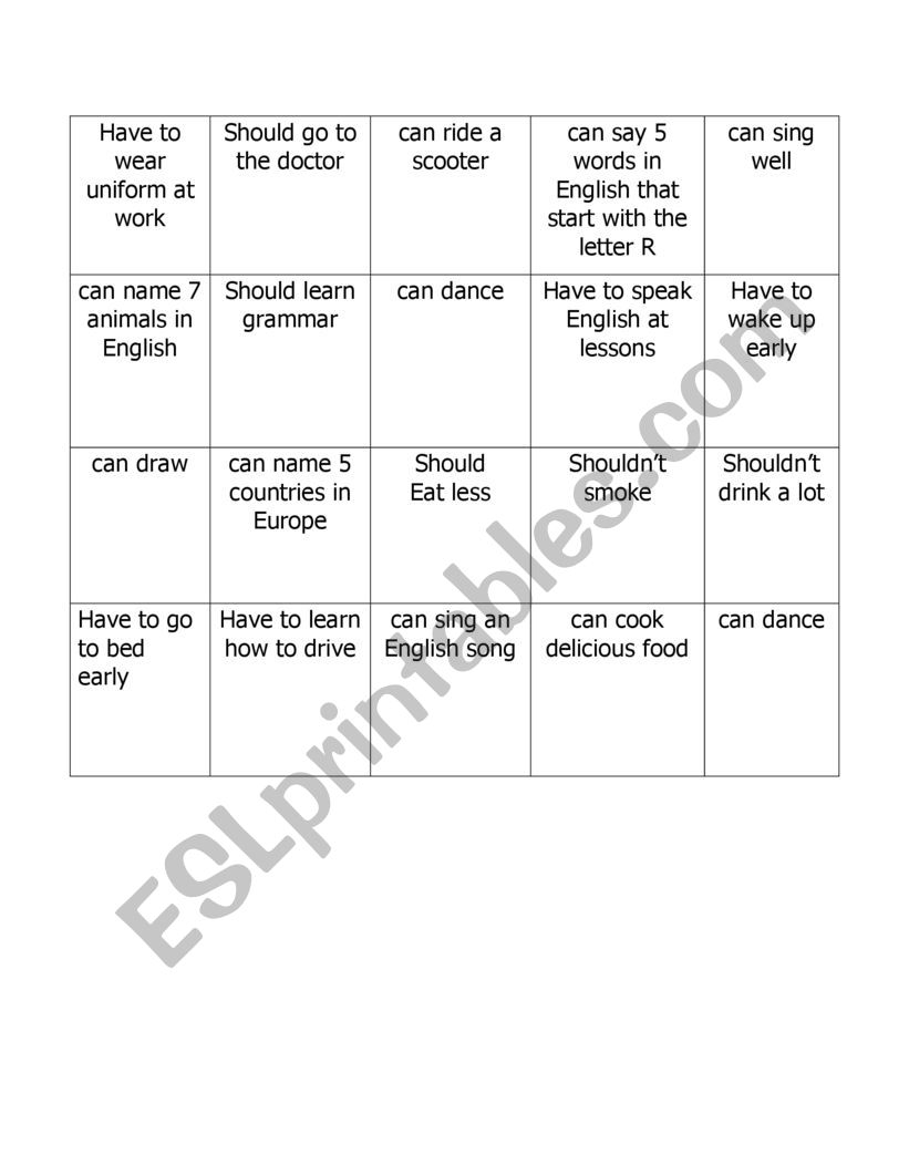 Can cant bingo game worksheet