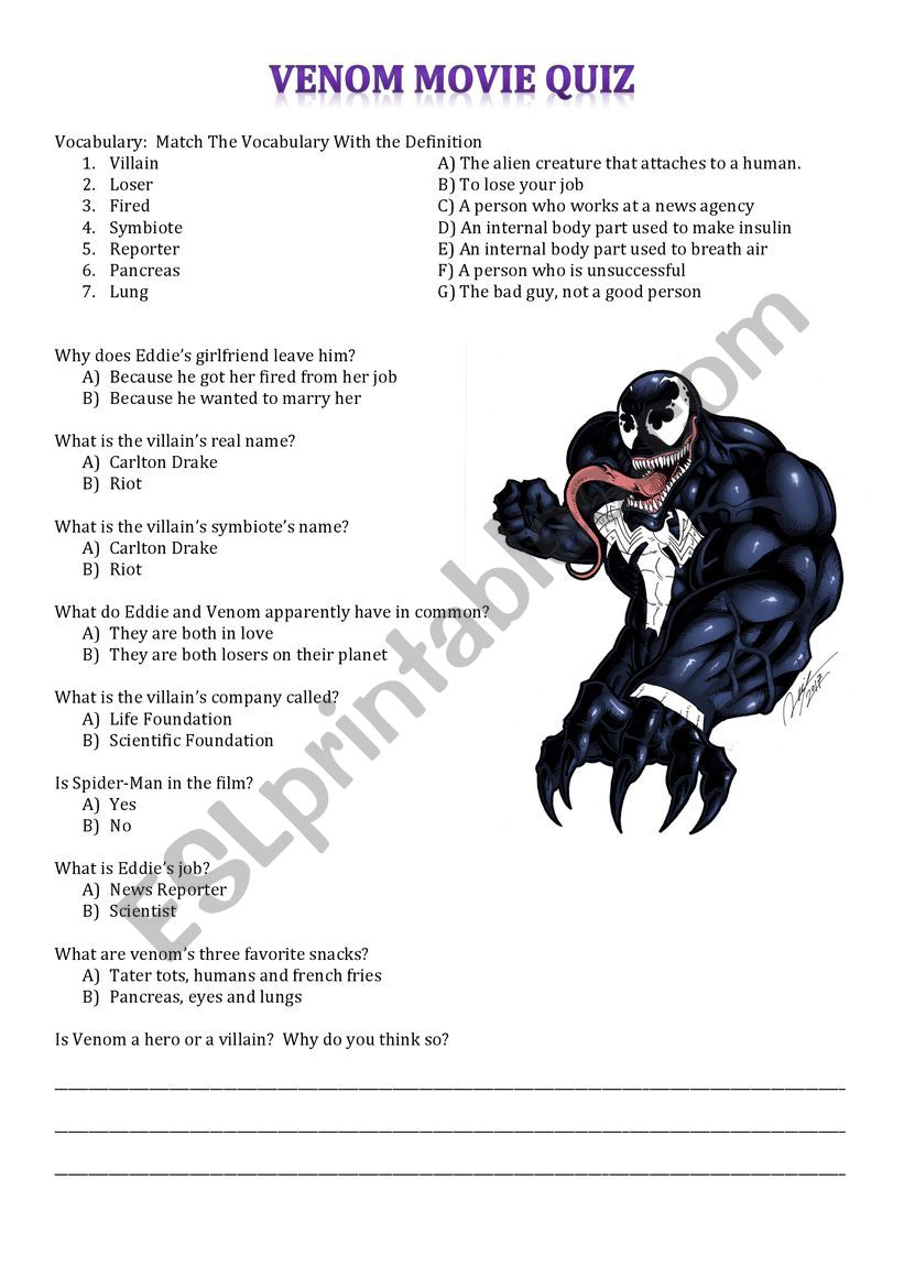Venom Movie Quiz worksheet