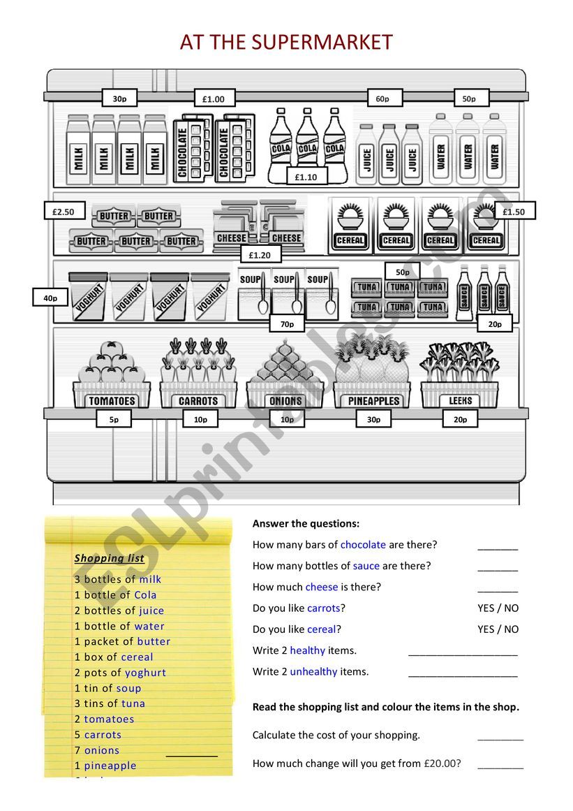 At the Supermarket - A shopping list