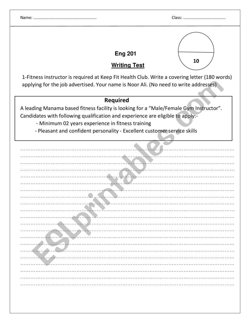 cover letter test worksheet