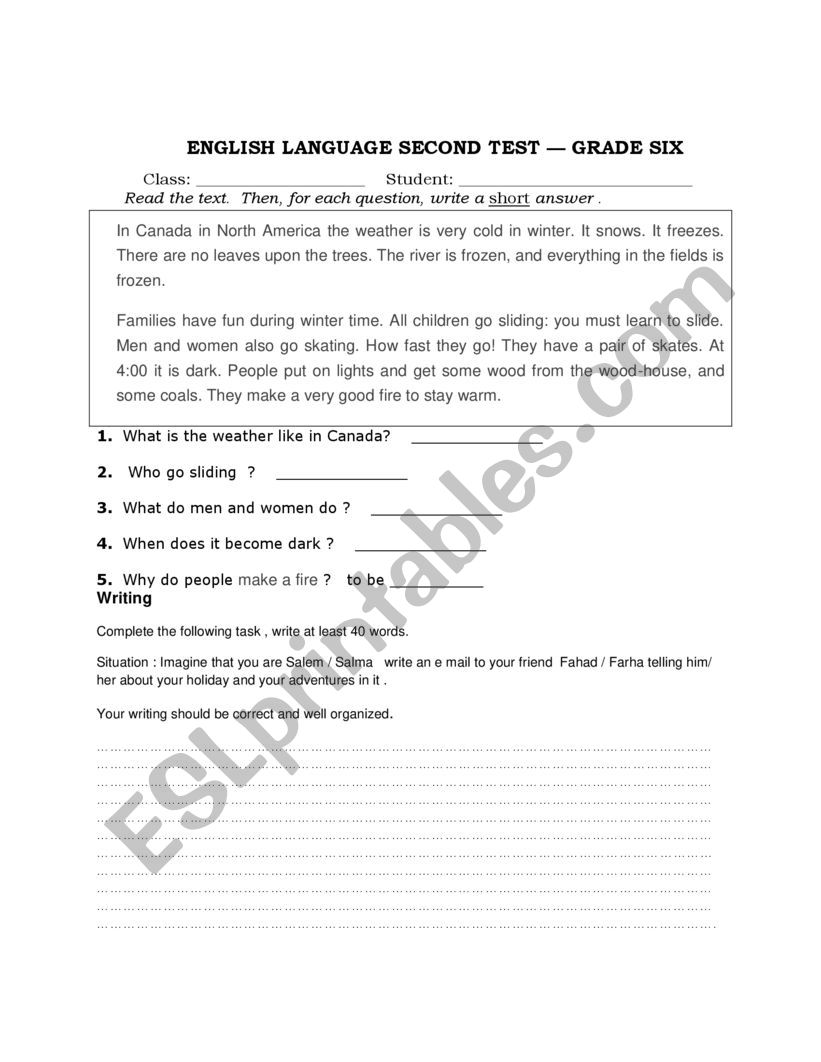  A reading and writing test  worksheet