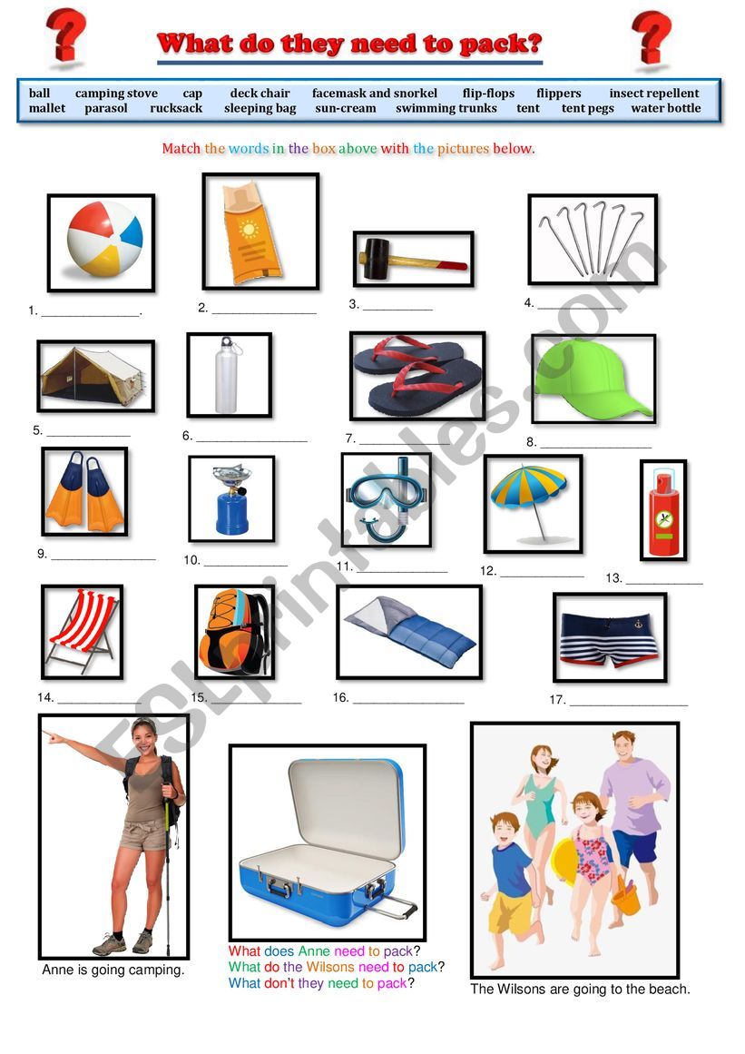 What do they need? Vocabulary for the beach and camping