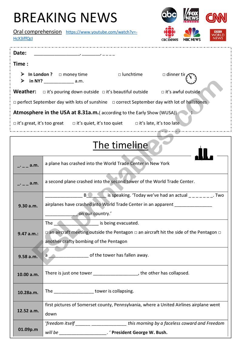 9/11 Breaking news worksheet