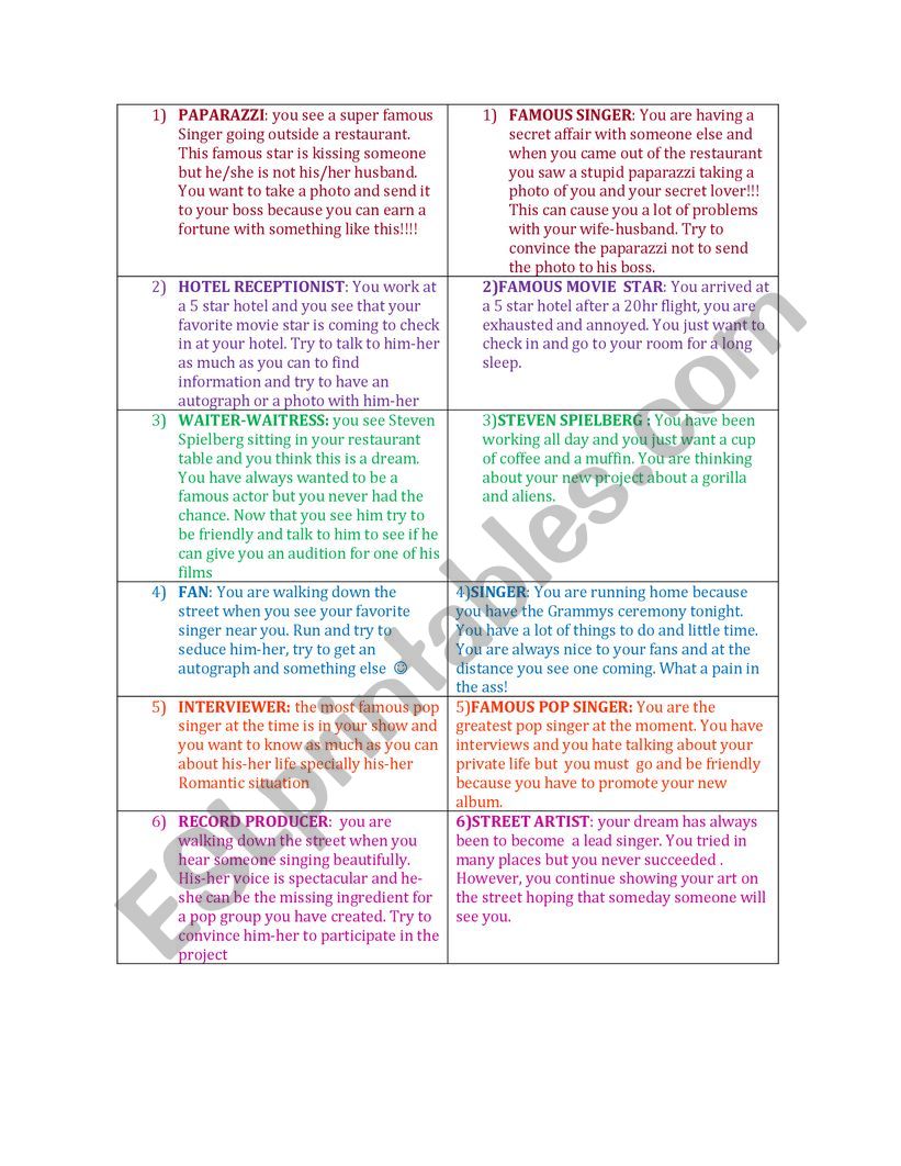 role play music worksheet