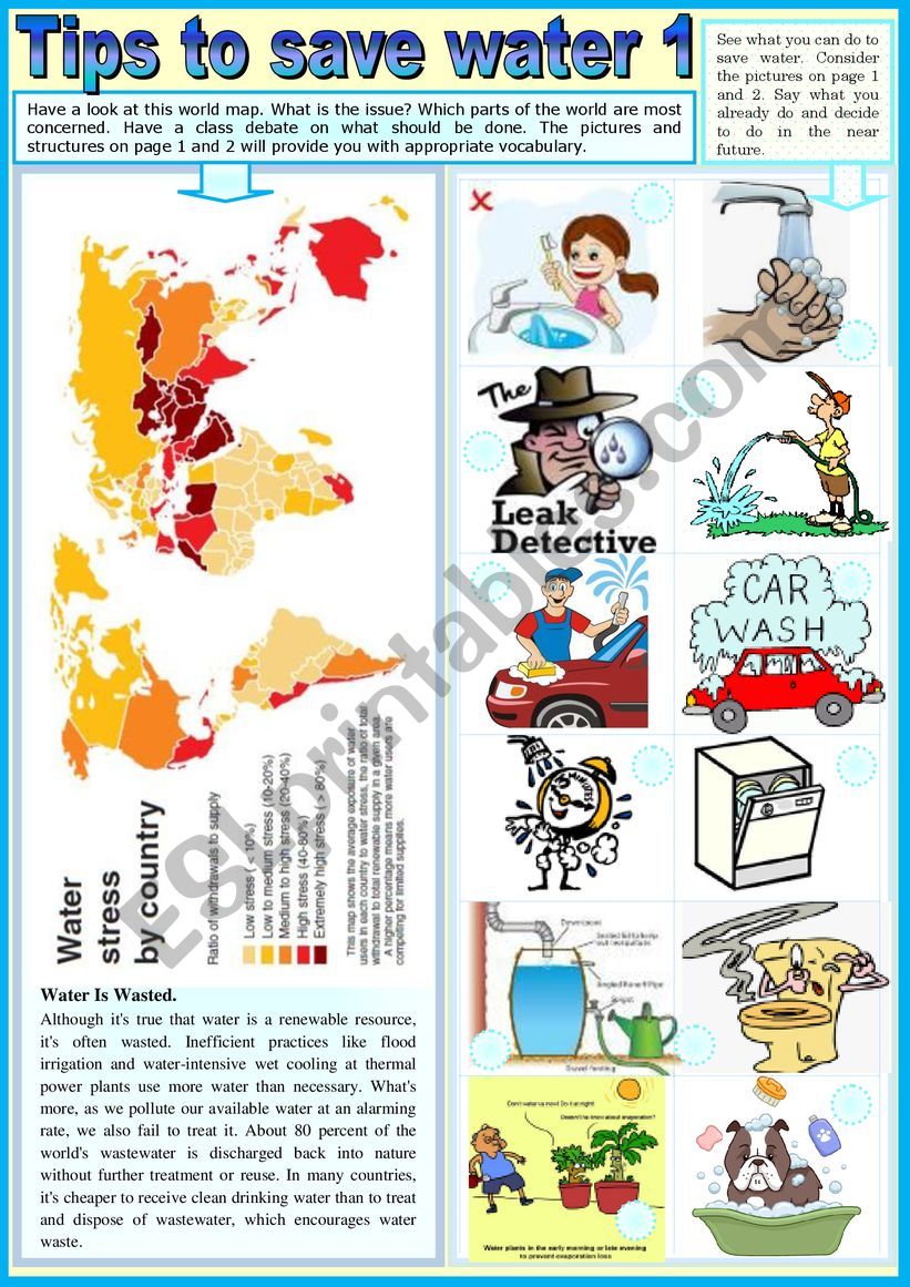  	TIPS TO SAVE WATER 1 - PICTIONARY + elements for debating + KEY 