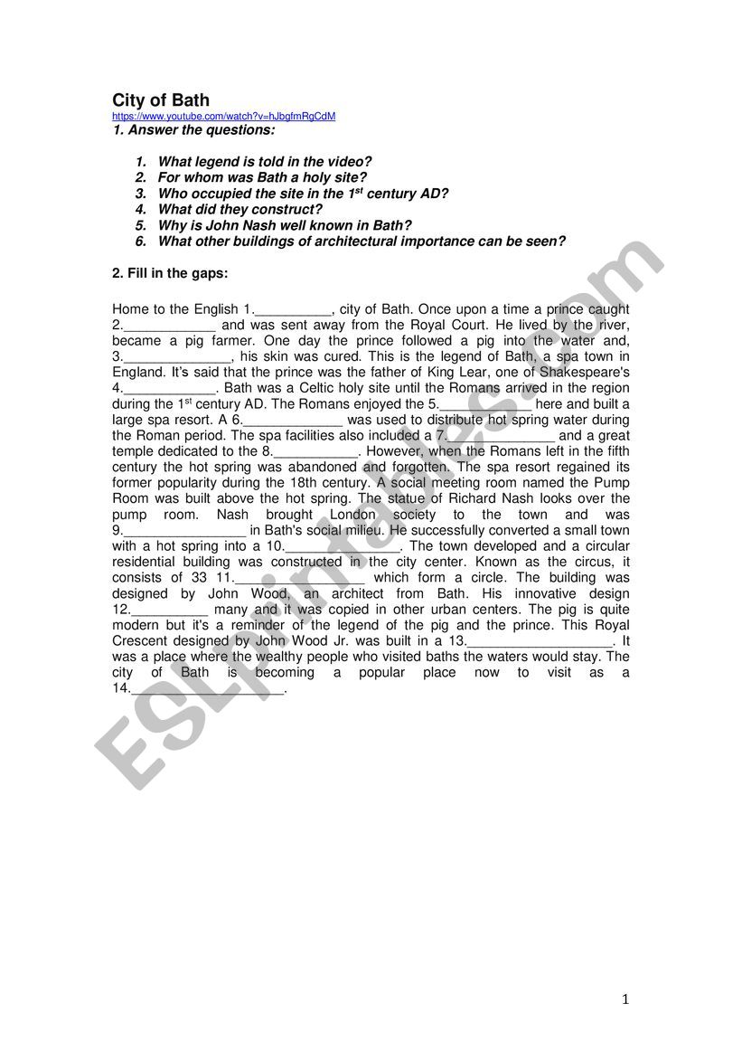 The City of Bath worksheet