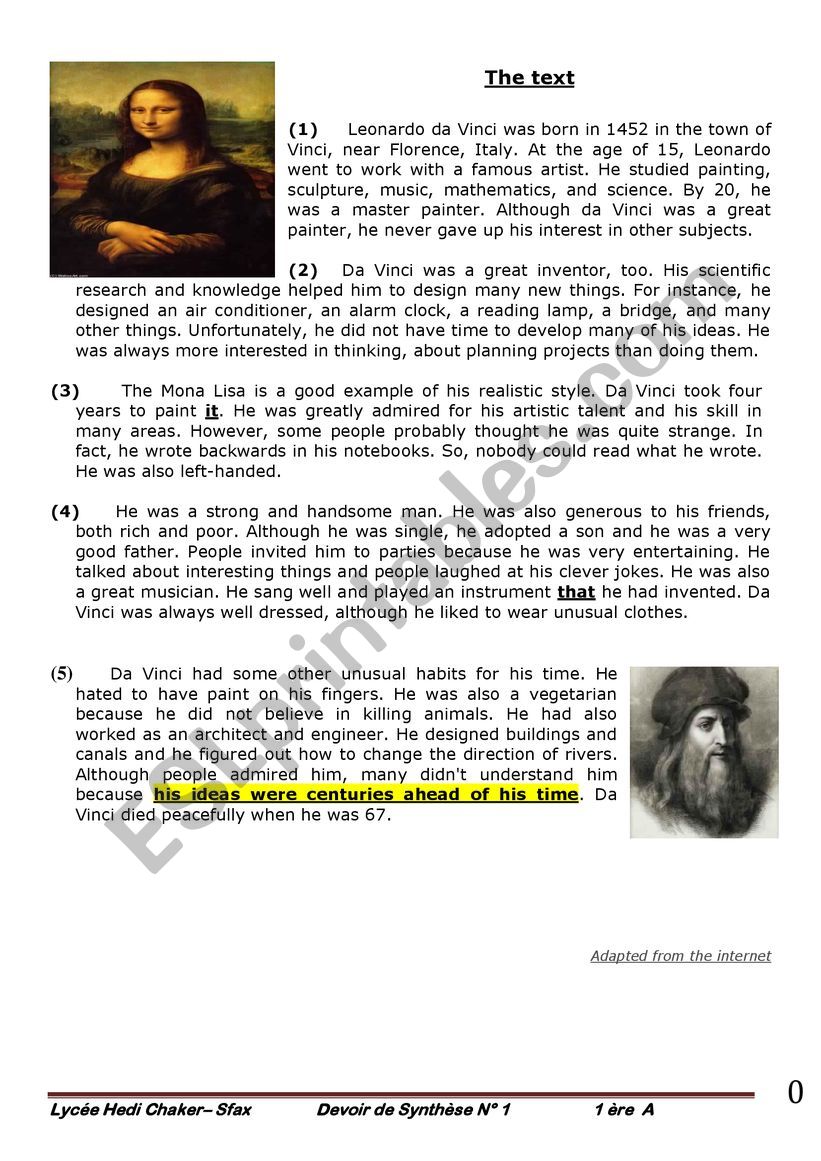 a biography of Leonardo De Vinci + questions