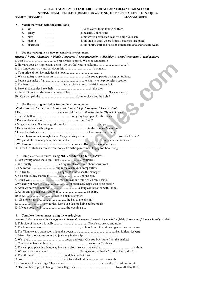 A Vocabulary Quiz worksheet