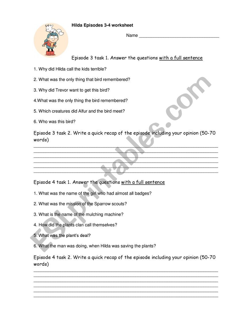 Hilda Episodes 3-4 worksheet