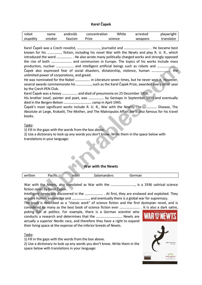 Karel Čapek reading worksheet