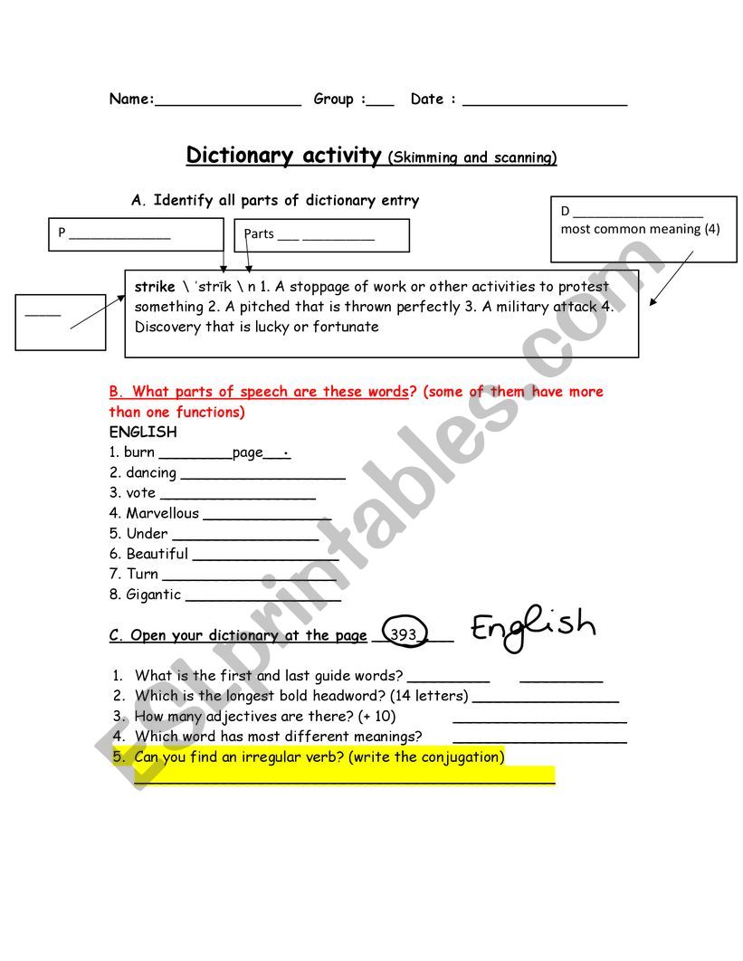 Dictionary activity worksheet