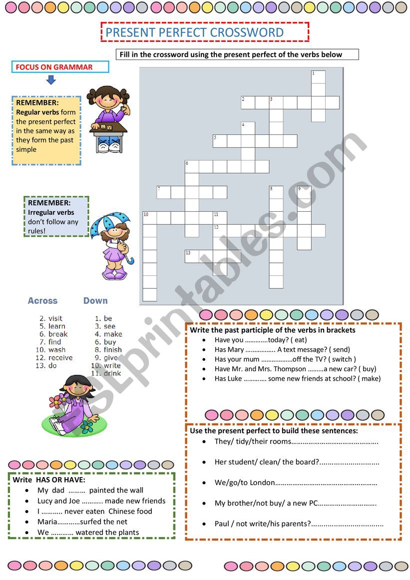 Present perfect Crossword worksheet