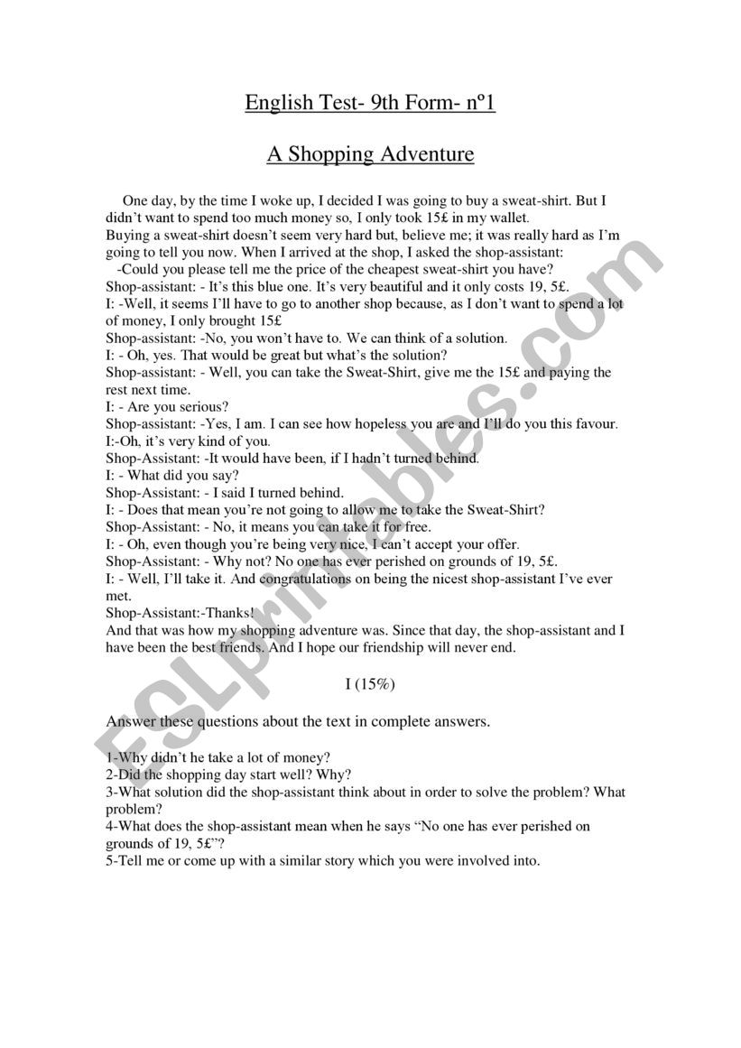 English test form worksheet