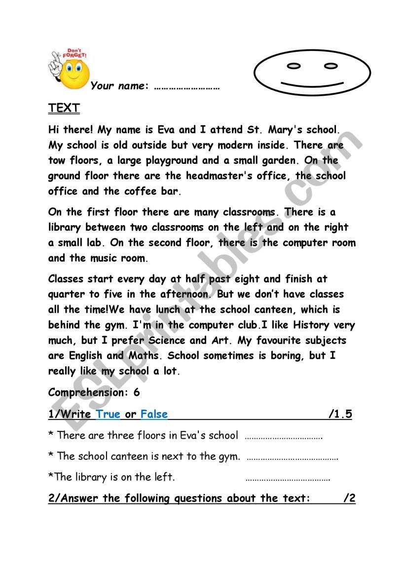 reading comprehension test worksheet