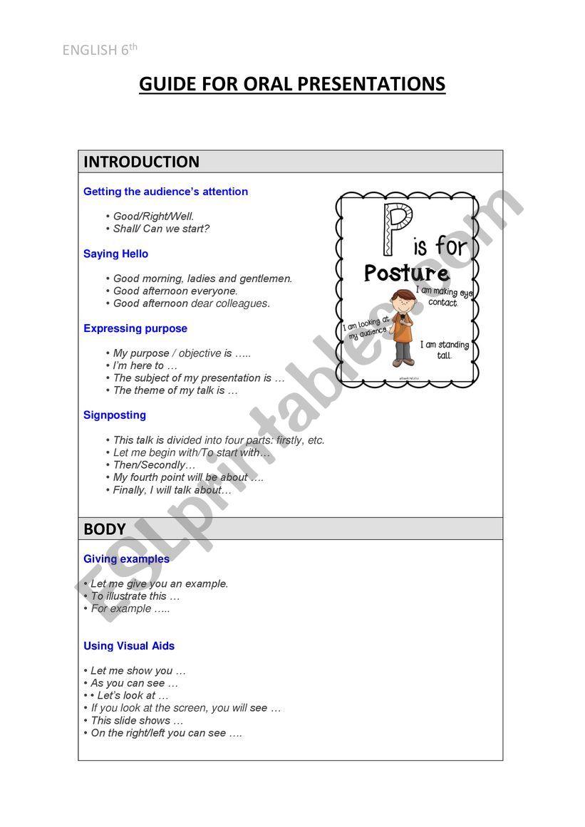 Guide for oral presentations worksheet