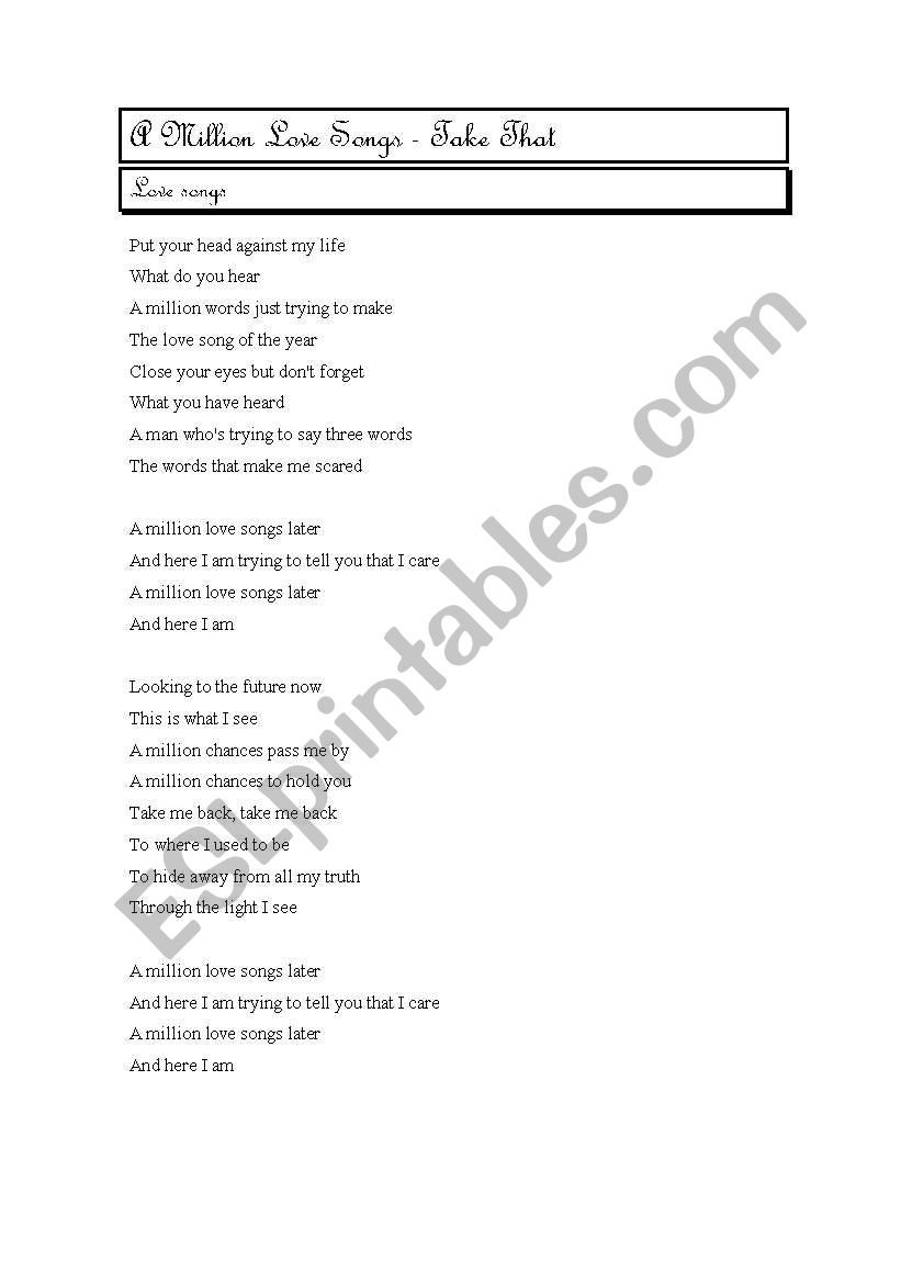 a million love songs worksheet