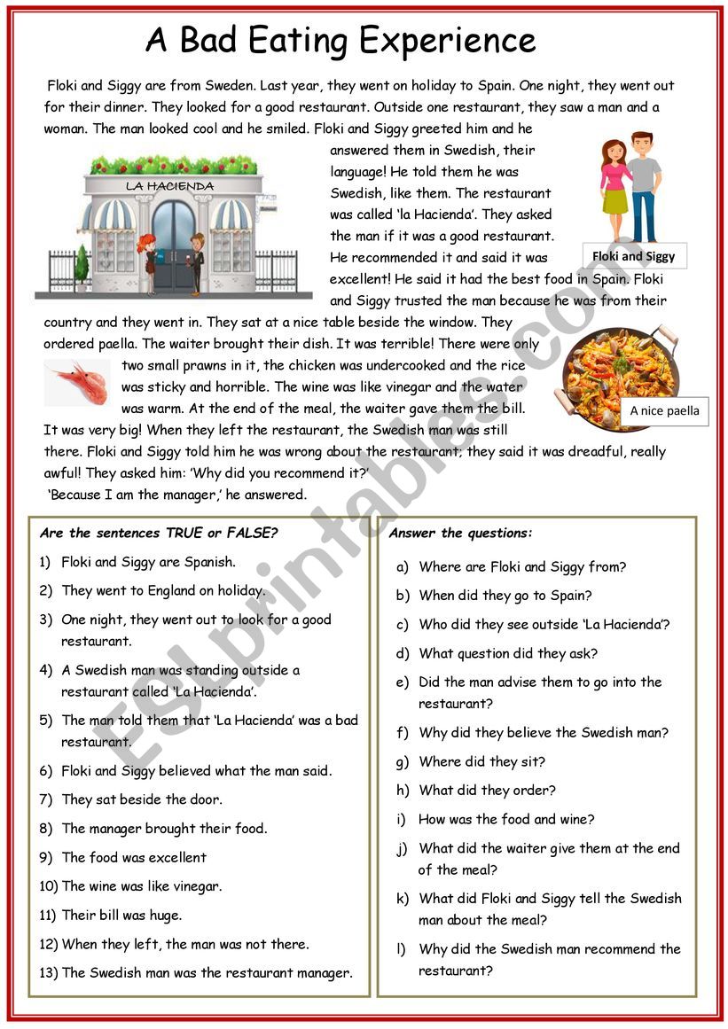 A Bad Eating Experience; a RC worksheet