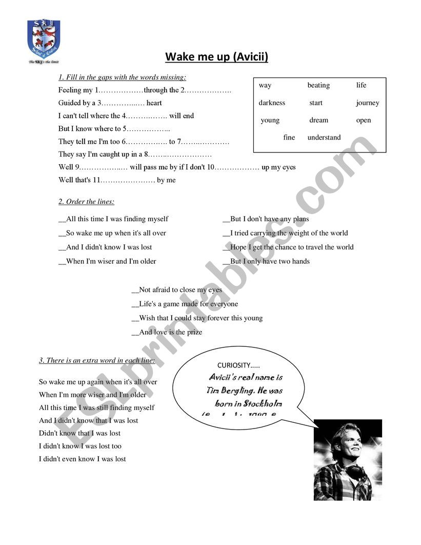 Avicii - Wake me up worksheet