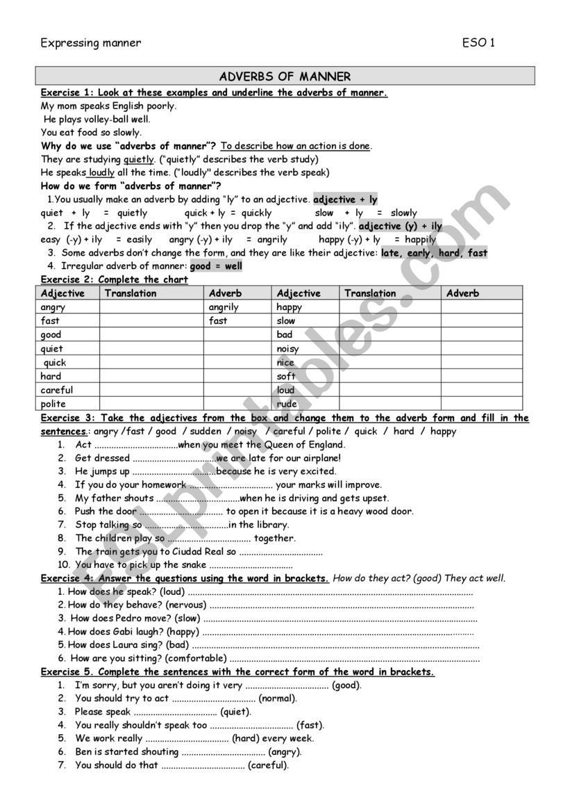 Expressing manner worksheet