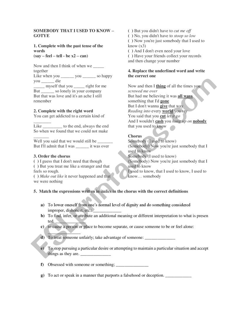 Somebody that I used to know worksheet
