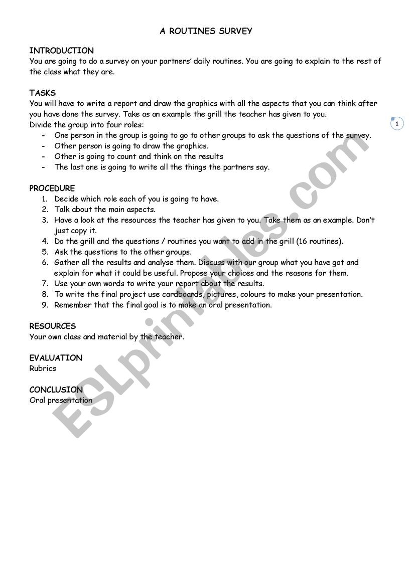 A SURVEY ABOUT ROUTINES worksheet
