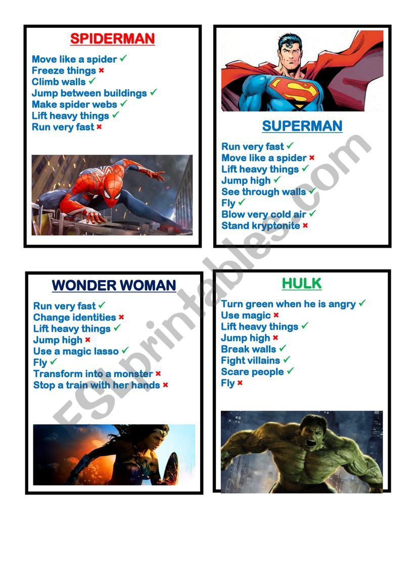 Superheroes: CAN et CANT worksheet
