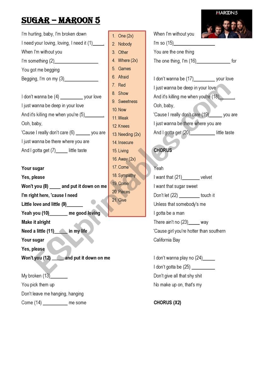 SUGAR SONG - MAROON 5 worksheet