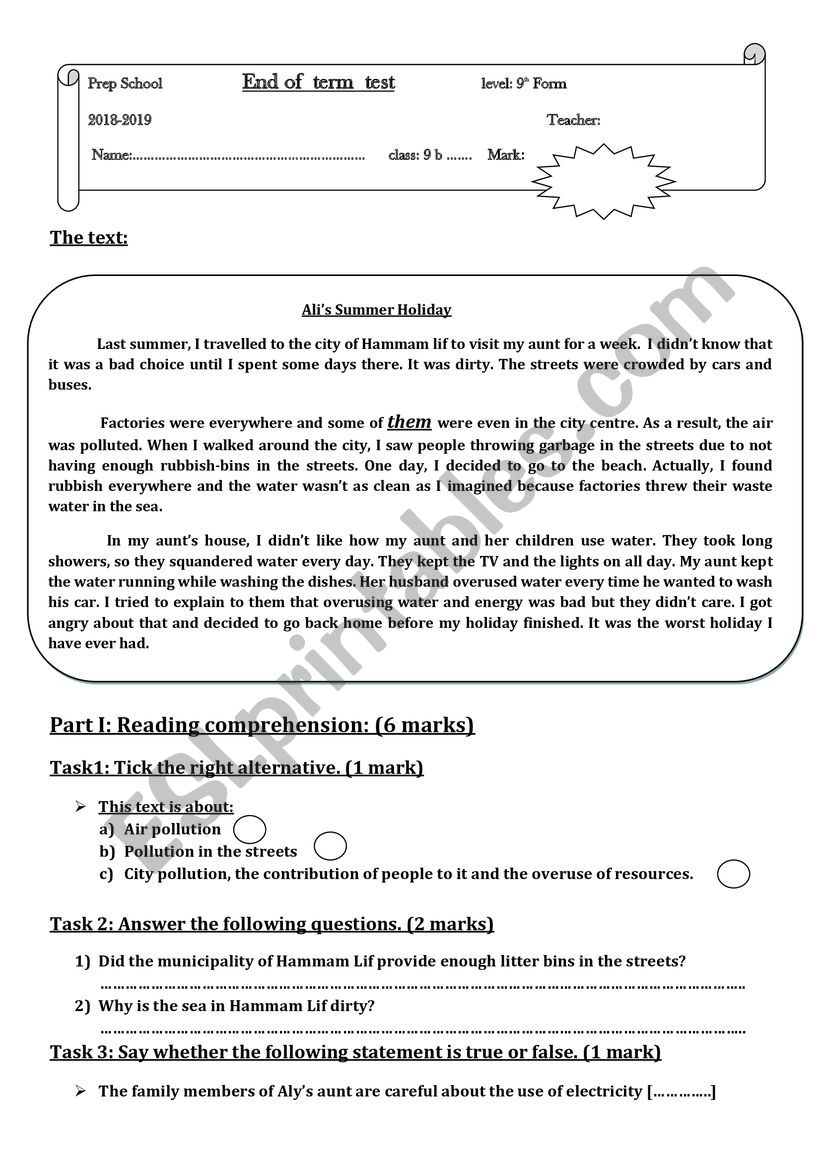 9th form end of second term test 