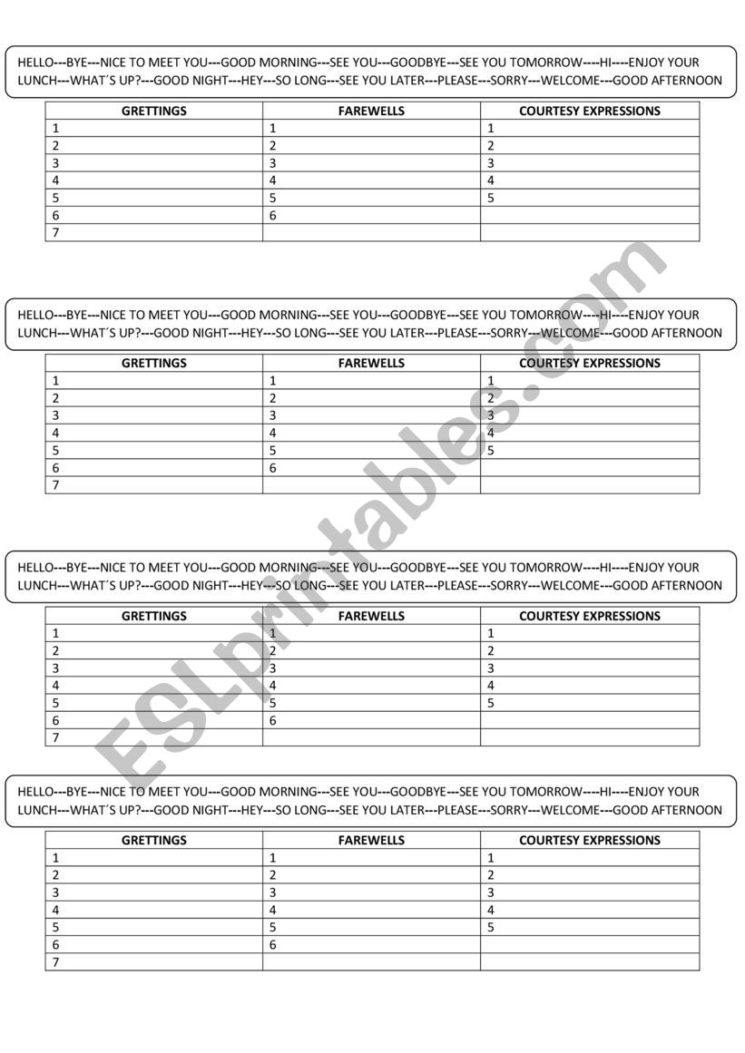 Greetings worksheet