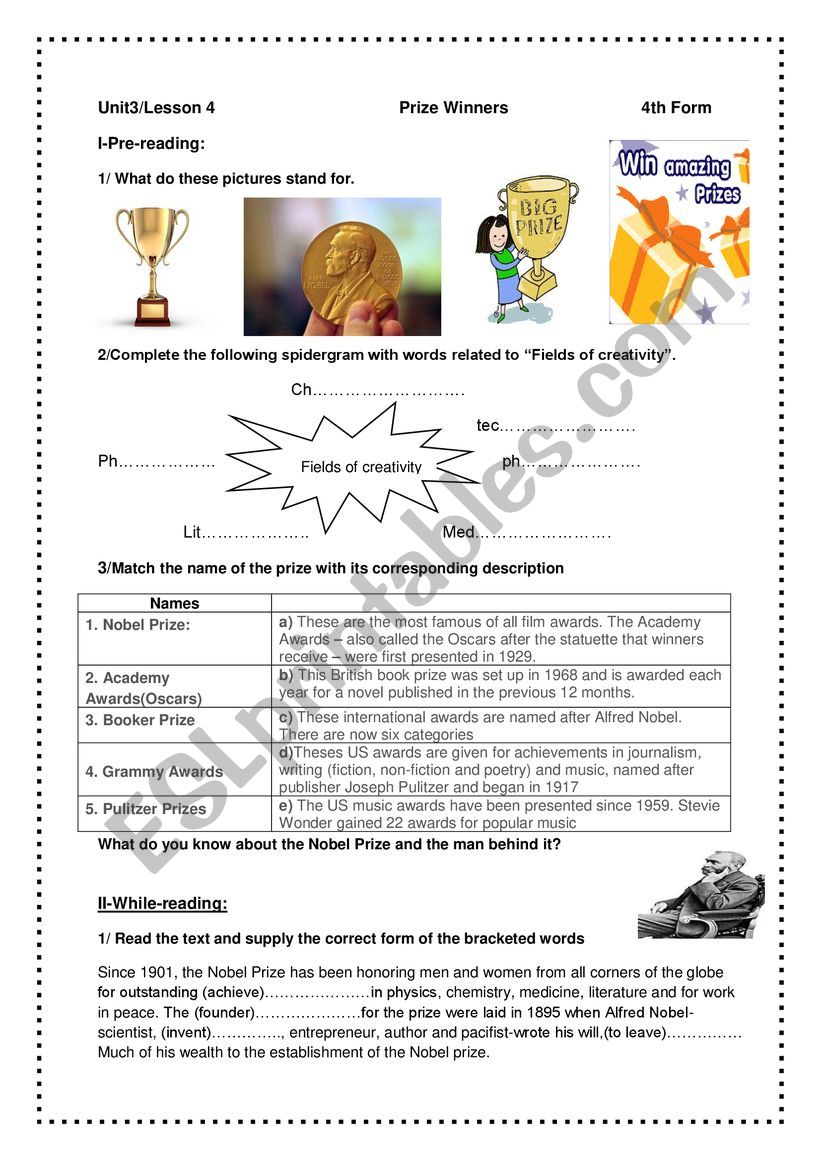 prize winners worksheet