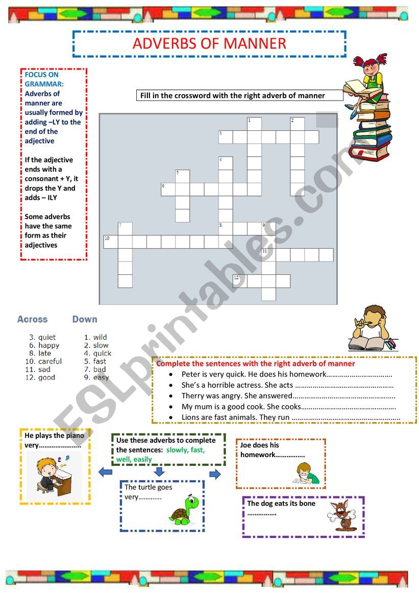 Adverbs of manner crossword worksheet