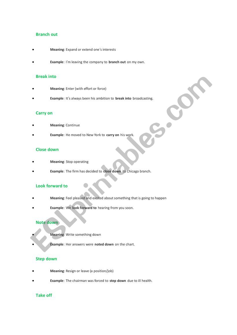 Business phrasal verbs worksheet