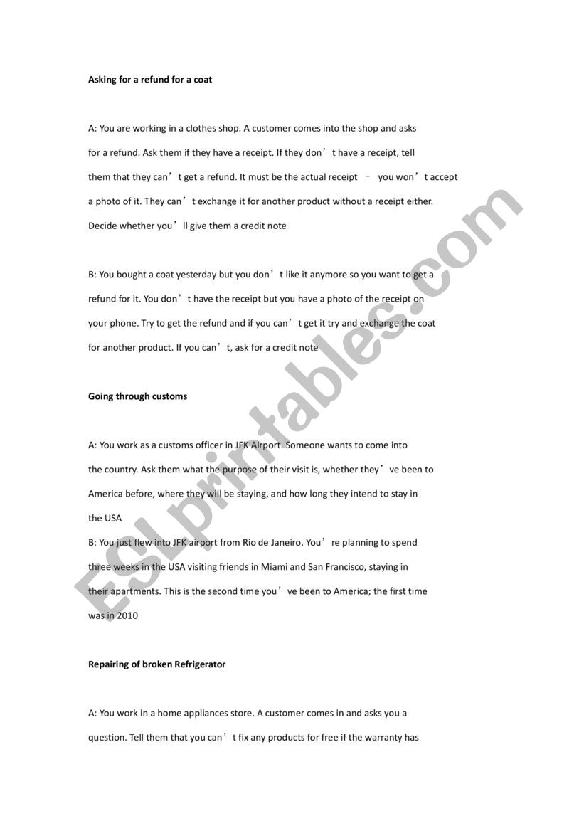 Travelling role play worksheet