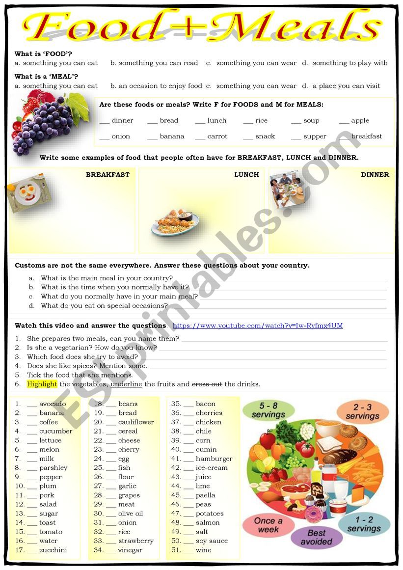 FOOD + MEALS worksheet