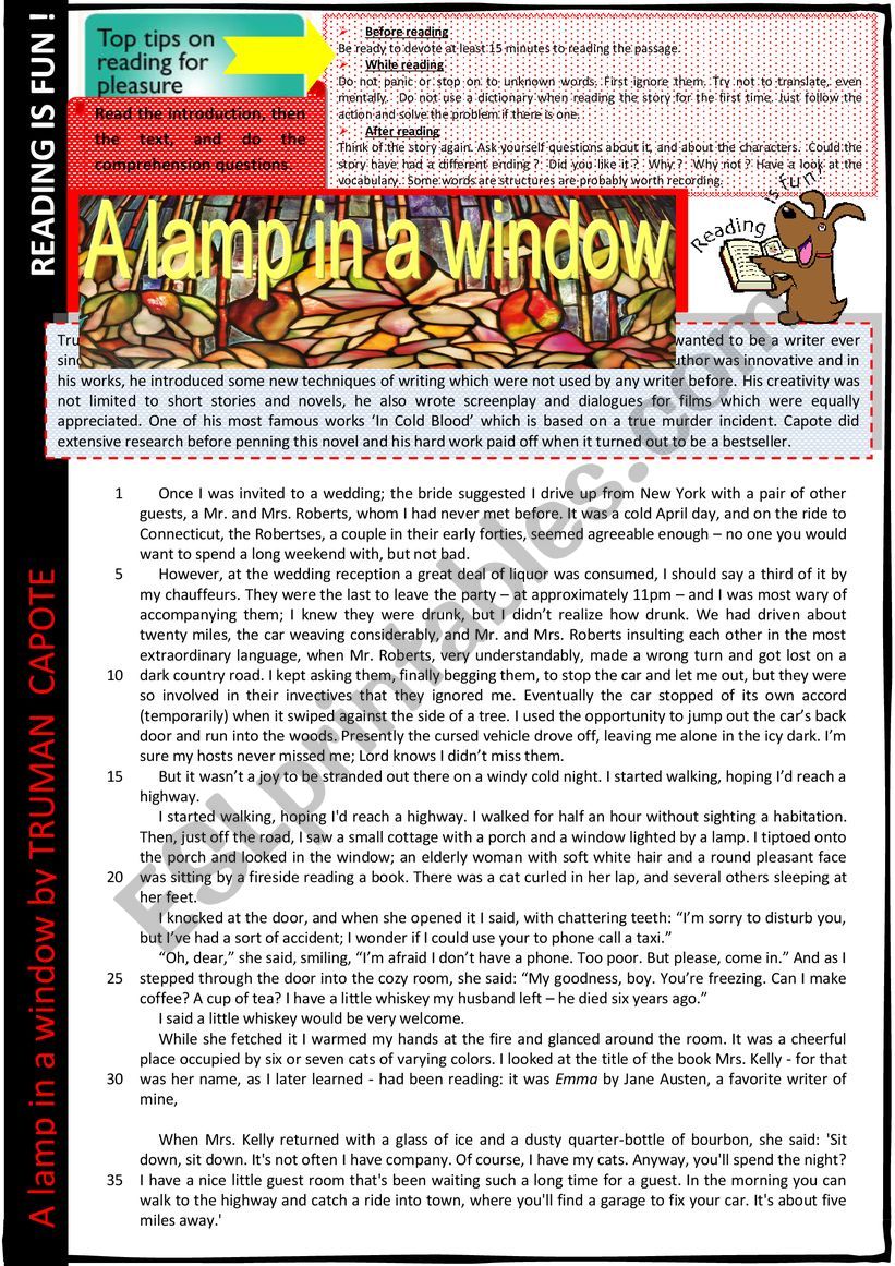 A lamp in a window - Reading + Comprehension questions + KEY